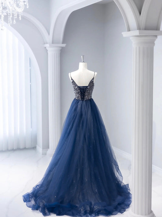 Burgundy Prom Dress, Blue Tulle Beaded Long Prom Dress, A-Line Spaghetti Strap Formal Evening Dress