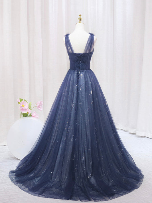 Satin Prom Dress, Blue Tulle Beaded Long Prom Dress, Blue Evening Party Dress