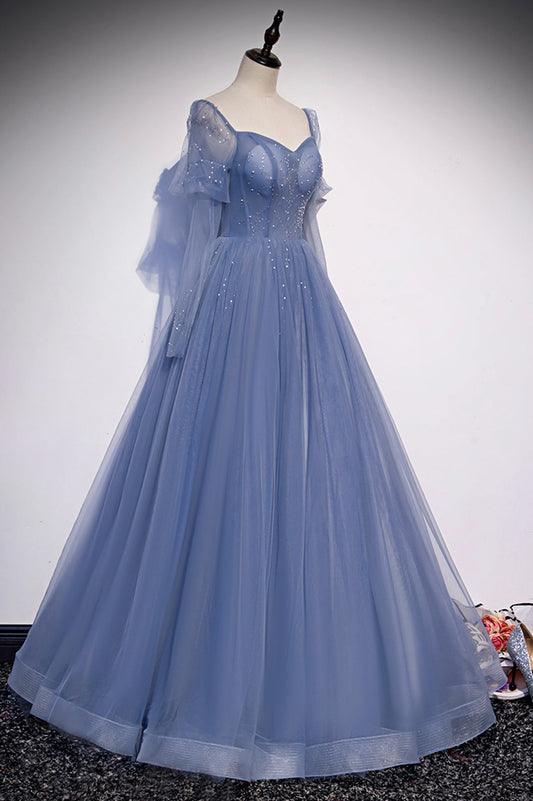 Navy Blue Dress, Blue Tulle Beading Long Prom Dresses, A-Line Formal Evening Dresses