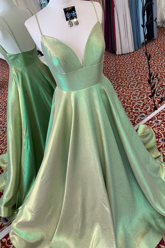Champagne Prom Dress, Elegant A-Line Empire V-Neck Green Long Prom Dress with Straps