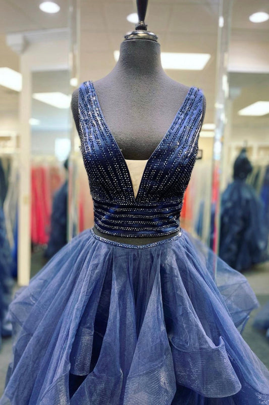 Formal Dress Modest, Blue Tulle Beading Long Prom Dresses, A-Line Two Pieces Evening Dresses