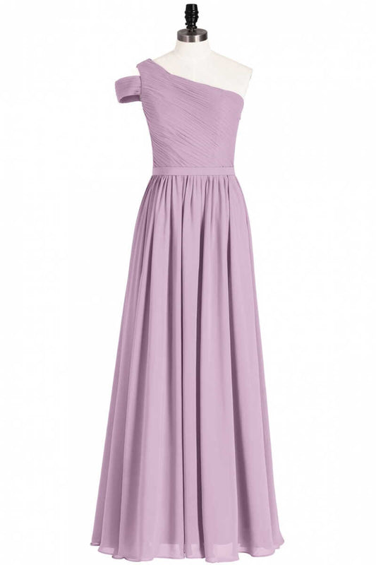 Evening Dresses For Wedding, Dusty Purple Chiffon One-Shoulder A-Line Long Bridesmaid Dress