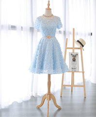 Party Dress Short Tight, Cute Blue Lace Short Prom Dress, Blue Homecoming Dress