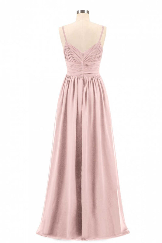 Evening Dress Designs, Dusty Pink Spaghetti Straps Banded Waist Long Bridesmaid Dress