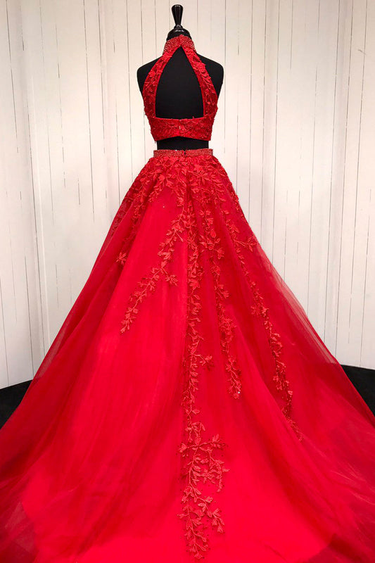 Dress Short, Elegant High Neck Two Piece Red Long Prom Dress