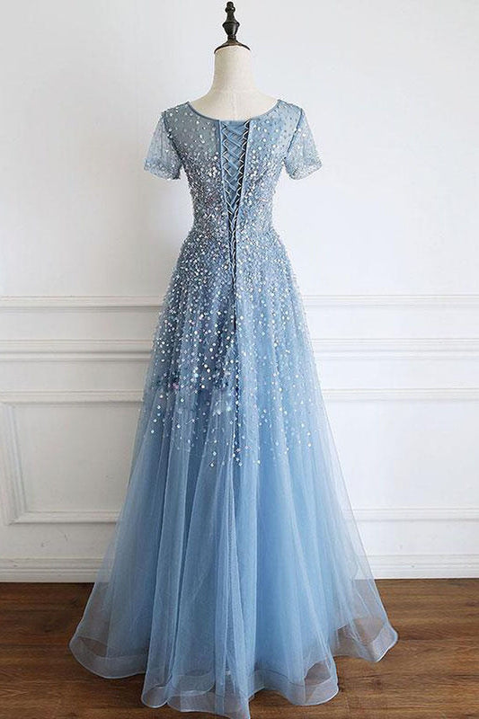 Off Shoulder Prom Dress, Elegant Cap Sleeves Blue Long Prom Dress with Lace-up Back