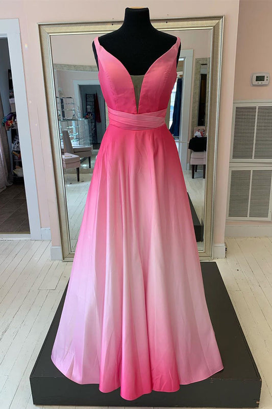 Evening Dress Shop, Elegant A-Line Pink Ombre Long Prom Dress