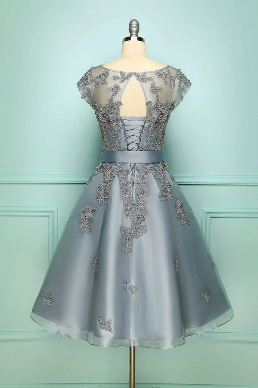 Princess Prom Dress, Elegant Cap Sleeves Short Grey Bridesmaid Dress with Ribbon
