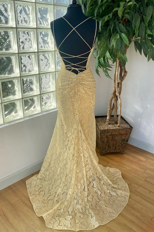 Elegant Dress For Women, Elegant Gold Mermaid Lace Long Prom Dress