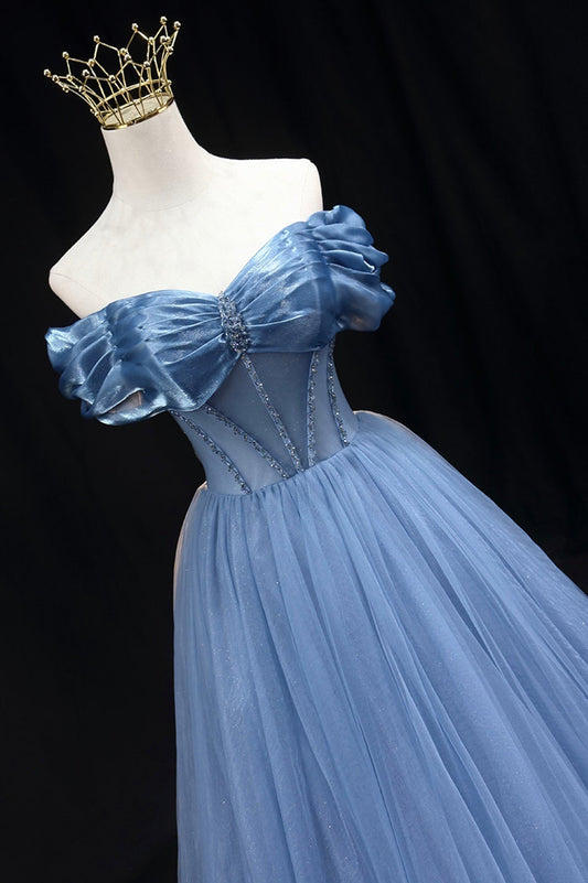 Pink Formal Dress, Blue Tulle Beaded Long Prom Dress, Elegant A-Line Blue Evening Dress