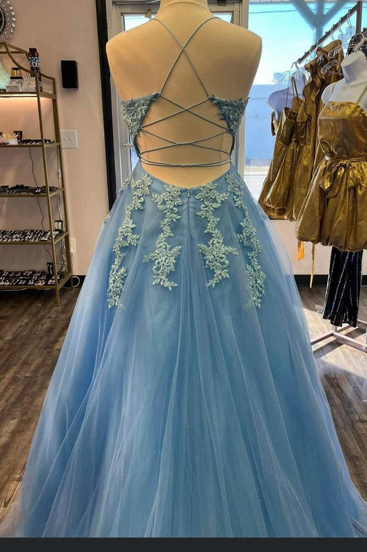 Prom Dresses For Short Girl, Blue Tulle Appliques Lace-Up Back A-Line Prom Dress