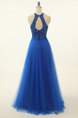 Bridesmaid Dress Inspo, Royal Blue Tulle Prom Dress with Appliques