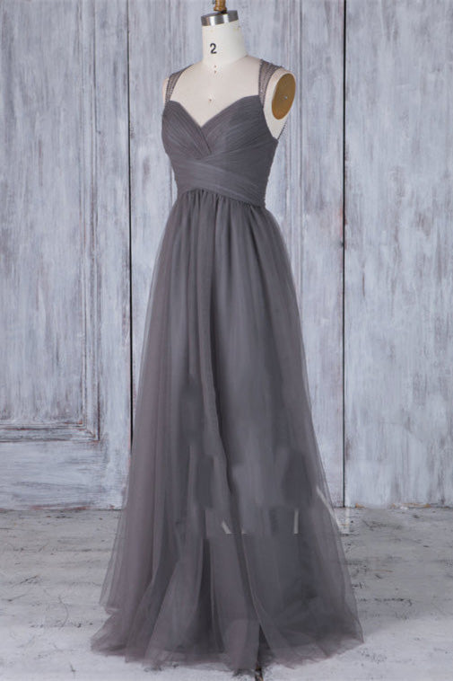 Senior Prom Dress, Elegant Grey Long Tulle Bridesmaid Dress with Keyhole Back