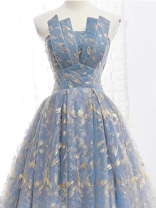 Bridal Shoes, Elegant A Line Blue Tulle Long Strapless Lace Up Gold Evening Dress, Prom Dresses, Js223