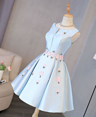Formal Dress Off The Shoulder, Blue Satin Applique Short Prom Dress, Blue Homecoming Dress