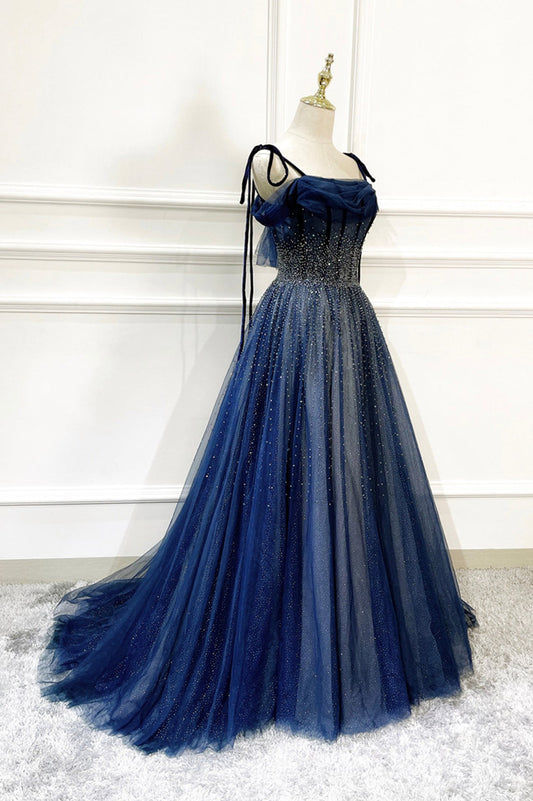 Evening Dresses With Sleeves, Blue Tulle Beaded Long A-Line Prom Dress, Blue Spaghetti Straps Evening Dress