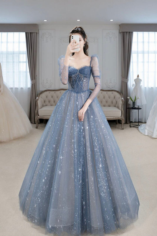 Homecomming Dresses Red, Blue Tulle Beaded Long Prom Dress, A-Line Long Sleeve Evening Dress