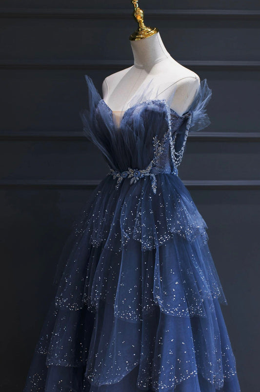 Ranch Dress, Blue Tulle Beaded Long Senior Prom Dress, A-Line Strapless Evening Party Dress