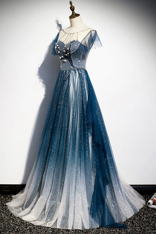 Prom Dress Ballgown, Blue Tulle Beading Long A-Line Prom Dress, Scoop Neckline Evening Dress