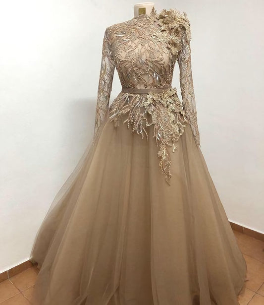 Fancy Dress, Elegant Champagne Long Prom Dress, Tulle Formal Dress