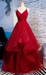 Prom Dress 2029, Elegant Tulle Red Straps Prom Dress, A Line Prom Dresses, Long Evening Dress, Burgundy Prom Dress