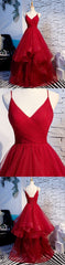 Prom Dresses Around Me, Elegant Tulle Red Straps Prom Dress, A Line Prom Dresses, Long Evening Dress, Burgundy Prom Dress