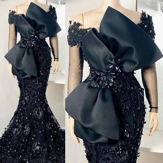 Party Dresses For Teenage Girls, Elegant African Black Mermaid Evening Dresses, Full Sleeves Lace Appliqued Beaded Arabic Aso Prom Gowns With Bow Robe De Soiree