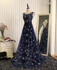 Bridesmaid Dress With Lace, Blue Beaded Sequins Long Prom Dress, Blue Evening Dress