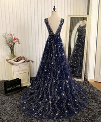 Bridesmaids Dresses With Lace, Blue Beaded Sequins Long Prom Dress, Blue Evening Dress