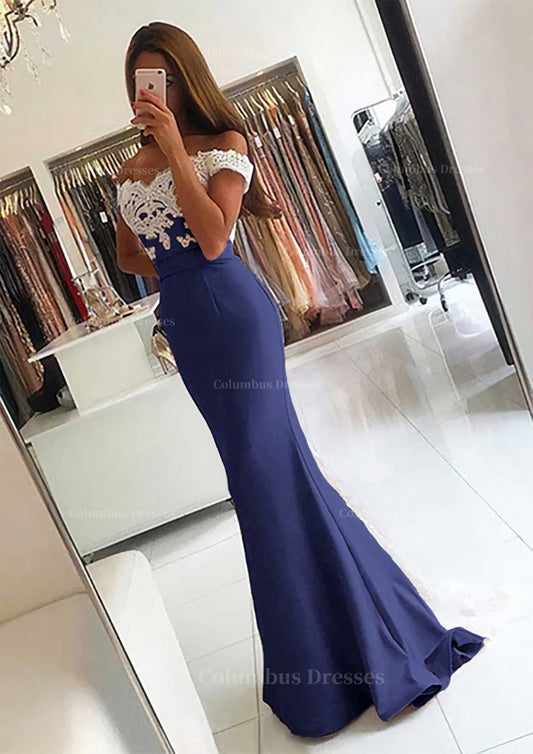 Prom Dresses Pattern, Elastic Satin Prom Dress Trumpet/Mermaid V-Neck Sweep Train With Lace