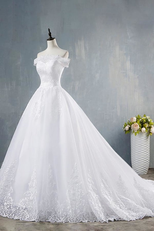 Wedding Dresses A Line Sleeves, Elegant Appliques Lace Tulle A-line Wedding Dress