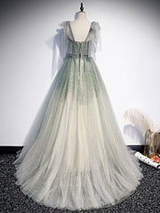 Party Dresses Summer, Gray Green Tulle Sequin Beads Long Prom Dress, Green Evening Dress