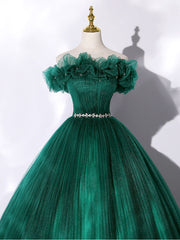 Bridesmaids Dress Ideas, Green Off Shoulder Tulle Long Prom Dress, Green Sweet 16 Dress
