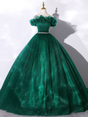 Bridesmaid Dresses Idea, Green Off Shoulder Tulle Long Prom Dress, Green Sweet 16 Dress