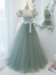 Party Dress Large Size, Green Round Neck Tulle Long Prom Dress, Green Evening Dress