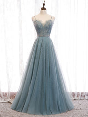 Formal Dresses Style, Green Sweetheart Neck Tulle Sequin Long Prom Dress Green Evening Dress