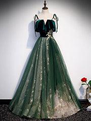 Aesthetic Dress, Green Tulle Lace Long Prom Dress, Green Tulle Formal Dress