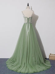 Semi Formal Outfit, Green Tulle Lace Long Prom Dress, Green Tulle Long Formal Graduation Dress