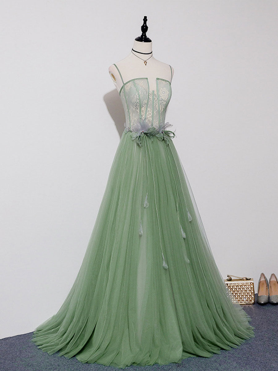 Boho Dress, Green Tulle Lace Long Prom Dress, Green Tulle Long Formal Graduation Dress