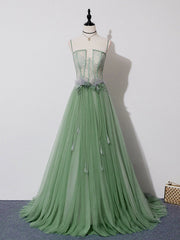 Prom Look, Green Tulle Lace Long Prom Dress, Green Tulle Long Formal Graduation Dress