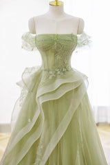 Homecoming Dress Short Tight, Green Tulle Lace Long Prom Dress with Corset, Green Formal Party Dress