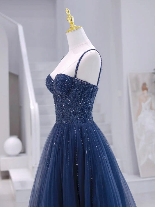 Sparklie Prom Dress, Blue Tulle Beaded Long Formal Dress, Blue Evening Dress