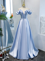 Elegant Wedding, Light Blue Satin A-line Off Shoulder Long Formal Dress, Light Blue Evening Dress Prom Dress