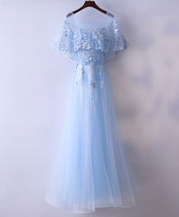 Long Sleeve Prom Dress, Light Blue Tulle Lace Long Prom Dress, Blue Lace Graduation Dress