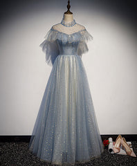 Homecomeing Dresses Short, Light Gray Blue Tulle Lace Long Prom Dress, Gray Blue Tulle Evening Dress
