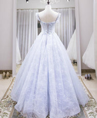 Blue Gown, Light purple tulle lace long prom dress, blue evening dress