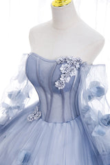 Prom Dresses2023, Lovely Light Blue Tulle Long Sleeves Sweet 16 Dress, Light Blue Flowers Formal Dress.