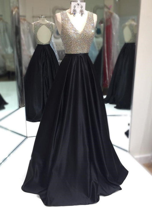 Prom Dresses Red, Elegant A-Line/Princess Satin Black Beaded V Neck 2024 Prom Dresses
