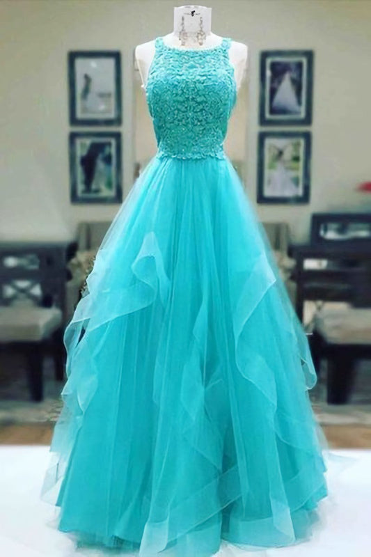Bridesmaid Dresses Fall Color, Elegant Charming Sleeveless Blue Tulle Lace Long Prom Dresses