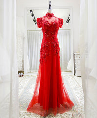 Hoco, Red Tulle Lace Long Prom Dress, Red Lace Tulle Formal Dress